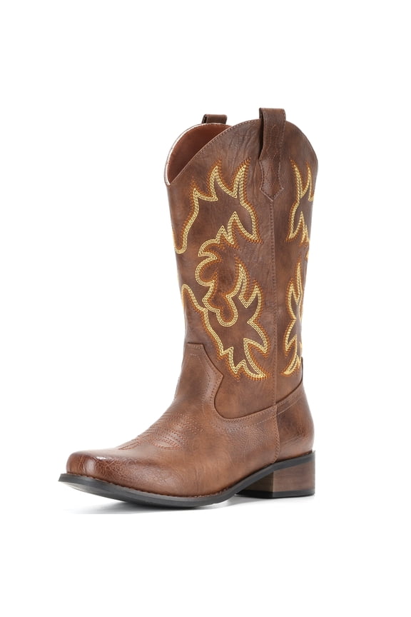 IUV Cowboy Boots For Women Square Toe Cowgirl Boots Mid Calf Western Boots Pull On Fashion Cowboy Boots