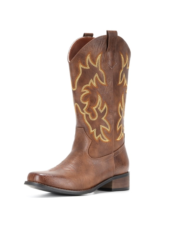 IUV Cowboy Boots For Women Square Toe Cowgirl Boots Mid Calf Western Boots Pull On Fashion Cowboy Boots