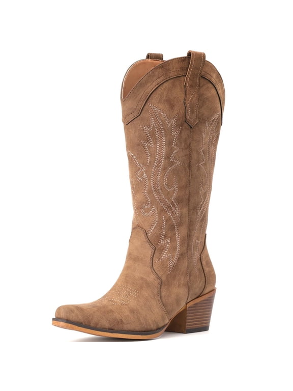 Cowboy Boots For Women Western Cowgirl Boots with Chunky Heel Mid Calf Snip Toe Ideal for low insteps