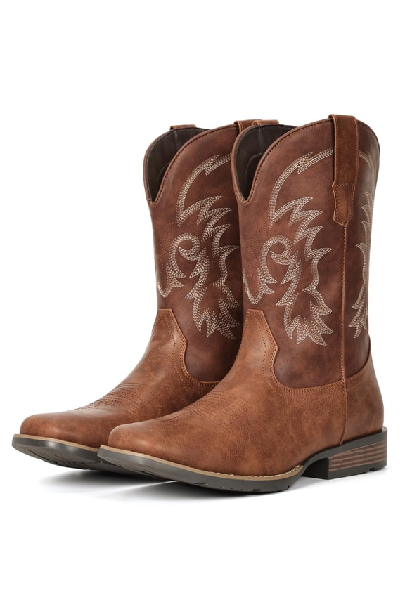 IUV Cowboy Boots for Men Square Toe Pull-On Western Boots with Classic Embroidery, Slip & Oil Resistant Outsole, Durable Heel for Stylish Casual, and Country Wear