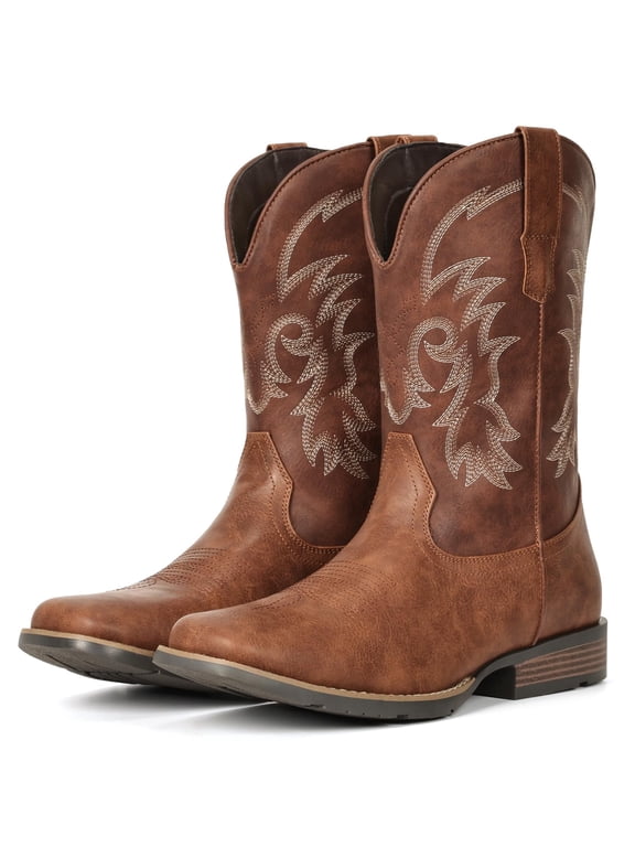 IUV Cowboy Boots for Men Square Toe Pull-On Western Boots with Classic Embroidery, Slip & Oil Resistant Outsole, Durable Heel for Stylish Casual, and Country Wear