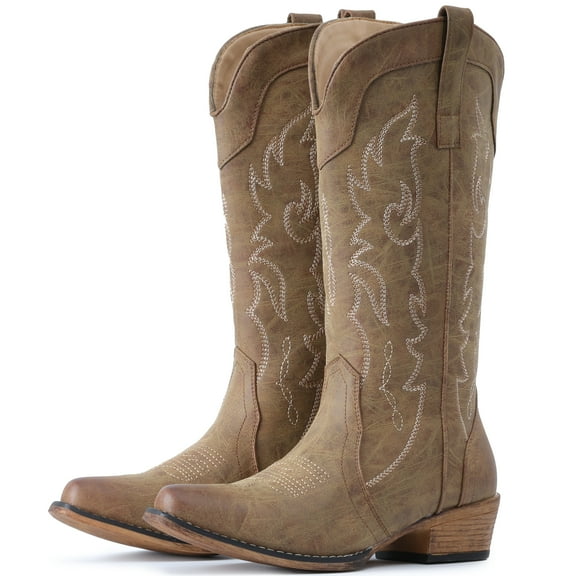 Cowboy Boots for Women Mid Calf Fashion Cowgirl Boots with Embroidery Western Snip Toe
