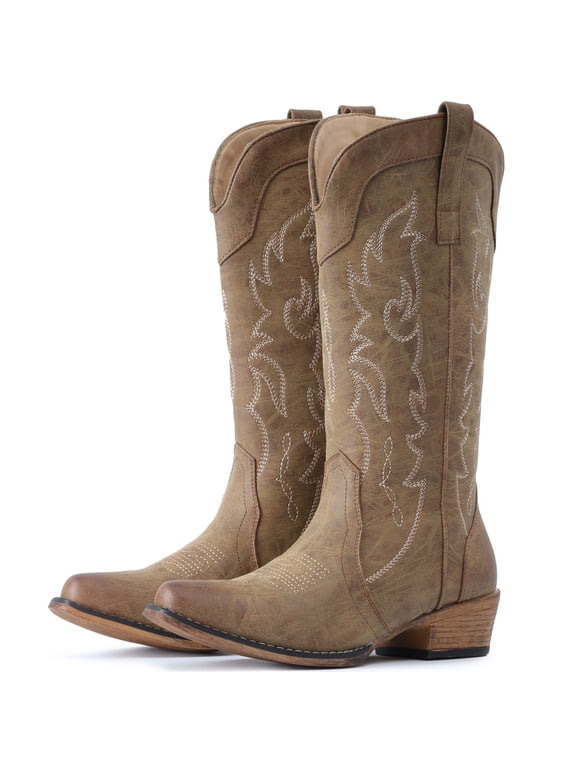 Cowboy Boots for Women Mid Calf Fashion Cowgirl Boots with Embroidery Western Snip Toe