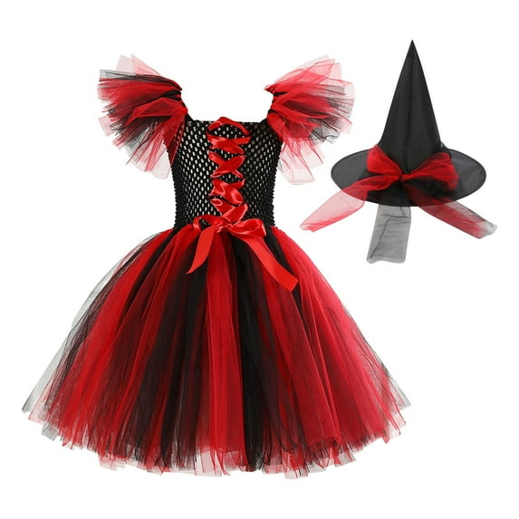IUYRTFE Big Kids Girls Halloween Color Block Witch Dress Short Sleeve Tulle Gown with Hat C-osplay Role Play Party Outfit 3-12 Years(Red,4-5 Years)