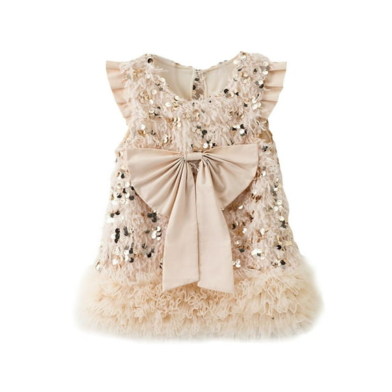 IUYRTFE Christmas Girl Velvet Sequin Bow Back Vests Dress Long Sleeve Shirt Top Princess Party Gown Holiday Outfit for Toddler Kids Children(Beige,8-9 Years)