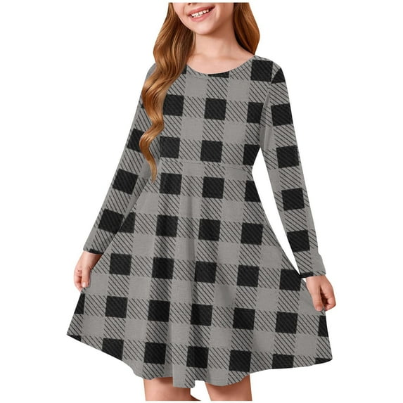 IUYRTFE Girls Christmas Santa Claus Print Long Sleeve Round Neck Stretchy Dress A Line Recital Party Holiday Festive Outfit for School Play Daily Wear(Gray#2,4 Years)