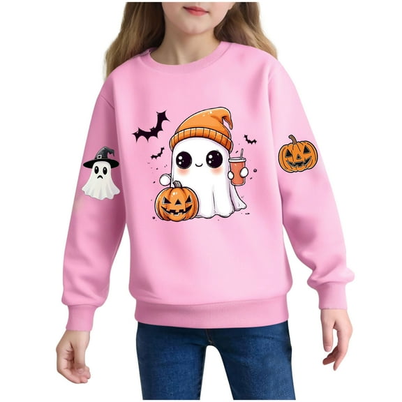 IUYRTFE Girls Halloween Fashion Print Pullover Sweatshirt Kids Casual Warm Long Sleeve Top Toddler Cozy Fall Winter Outfit Playdate Holiday Party Apparel(Pink#1,2 Years)