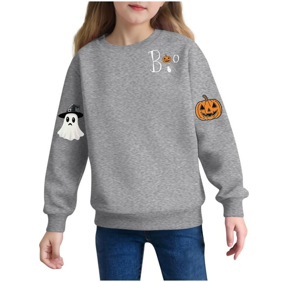 IUYRTFE Girls Halloween Fashion Print Pullover Sweatshirt Kids Casual Warm Long Sleeve Top Toddler Cozy Fall Winter Outfit Playdate Holiday Party Apparel(Gray,2 Years)