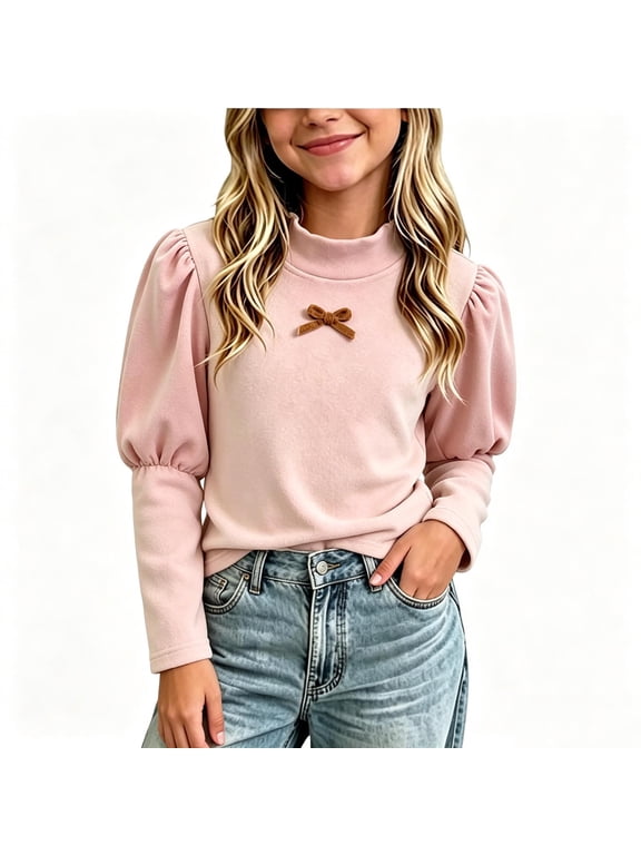 Girls' Puff Sleeve Top, 100% Polyester Regular Fit Half Turtleneck for Fall Winter Wear