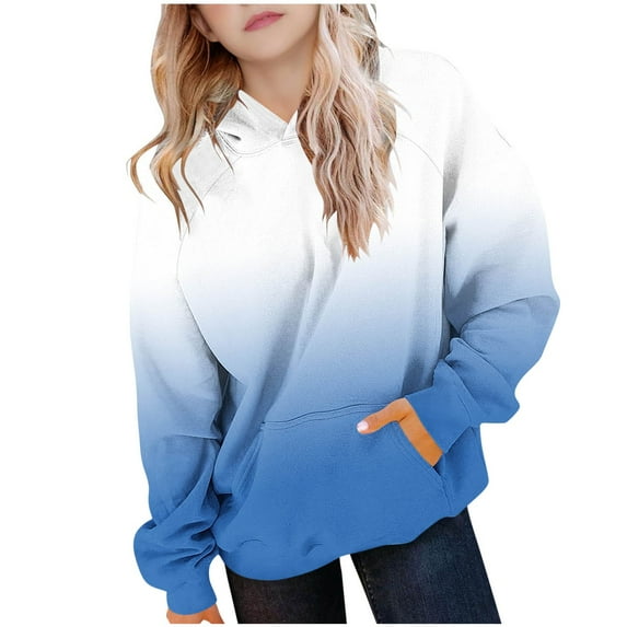 IUYRTFE Kids Gradient Print Hooded Pullover Top Raglan Sleeves Long Sleeve Comfortable Casual Boys Girls Unisex Medium Large Childrens Wear for Daily Travel Holiday(Blue,12 Years)
