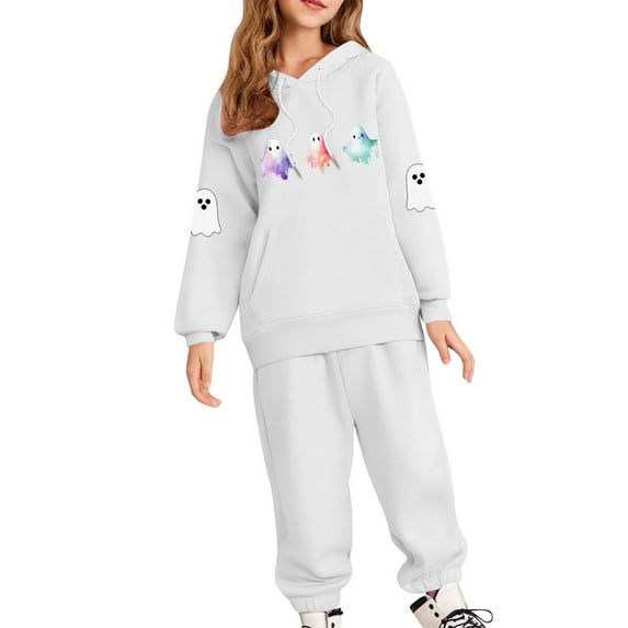 IUYRTFE Kids Halloween Hooded Sweatshirt Set Long Sleeve Pullover Two Piece Outfit Fall Winter Warm Casual Playwear Party Wear Toddler Boys Girls Clothing(White#1,10 Years)