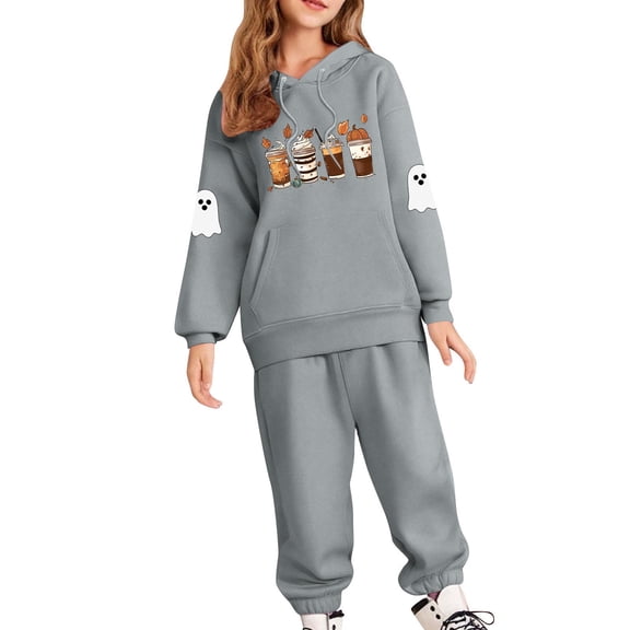 IUYRTFE Kids Halloween Hooded Sweatshirt Set Long Sleeve Pullover Two Piece Outfit Fall Winter Warm Casual Playwear Party Wear Toddler Boys Girls Clothing(Gray,3 Years)