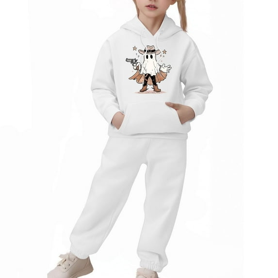 IUYRTFE Kids Halloween Hooded Sweatshirt Set Long Sleeve Pullover Two Piece Outfit Fall Winter Warm Casual Playwear Party Wear Toddler Boys Girls Clothing(White#5,12 Years)