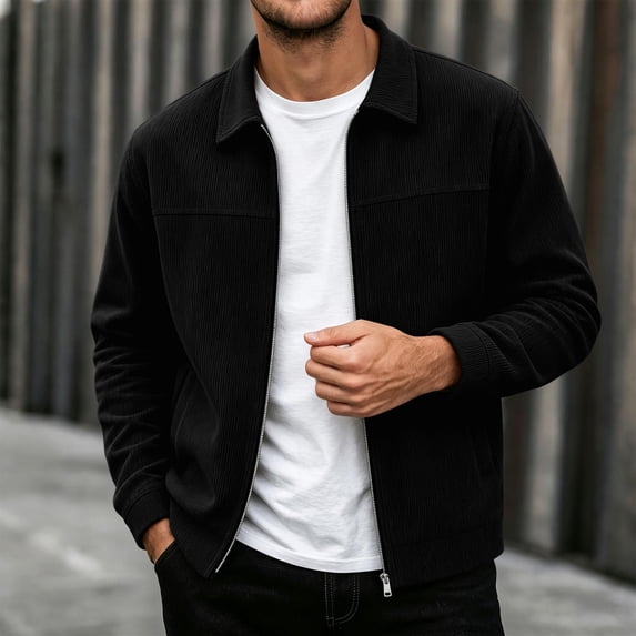 IUYRTFE Men's Corduroy Jacket with Pockets Full Zip Turn Down Collar Long Sleeve Casual Outerwear