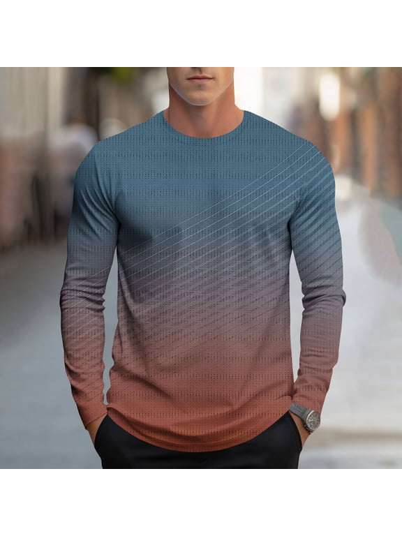 IUYRTFE Men's Long Sleeve T-Shirt, 100% Polyester Regular Fit Gradient Print Crew Neck Top