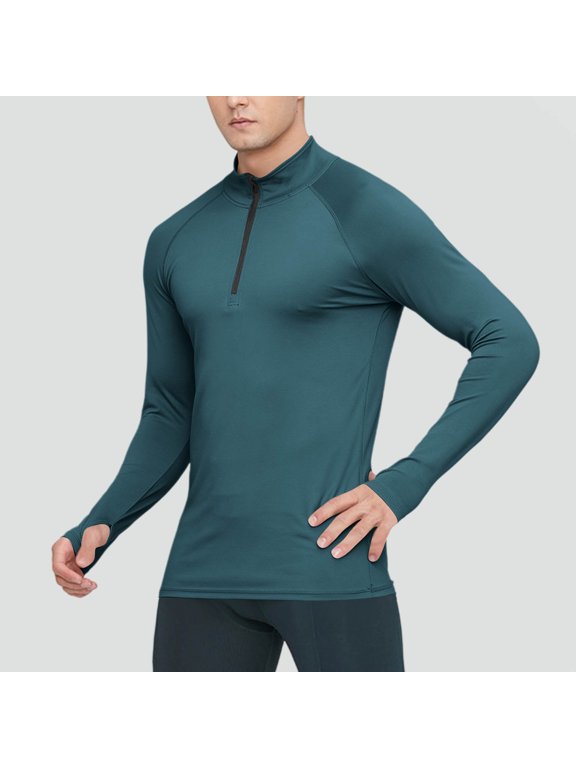 Men's Long Sleeve Workout Top, Polyamide Blend Slim Fit Half Zip Turtleneck for Gym