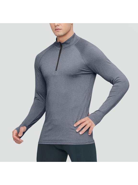 Men's Long Sleeve Workout Top, Polyamide Blend Slim Fit Half Zip Turtleneck for Gym