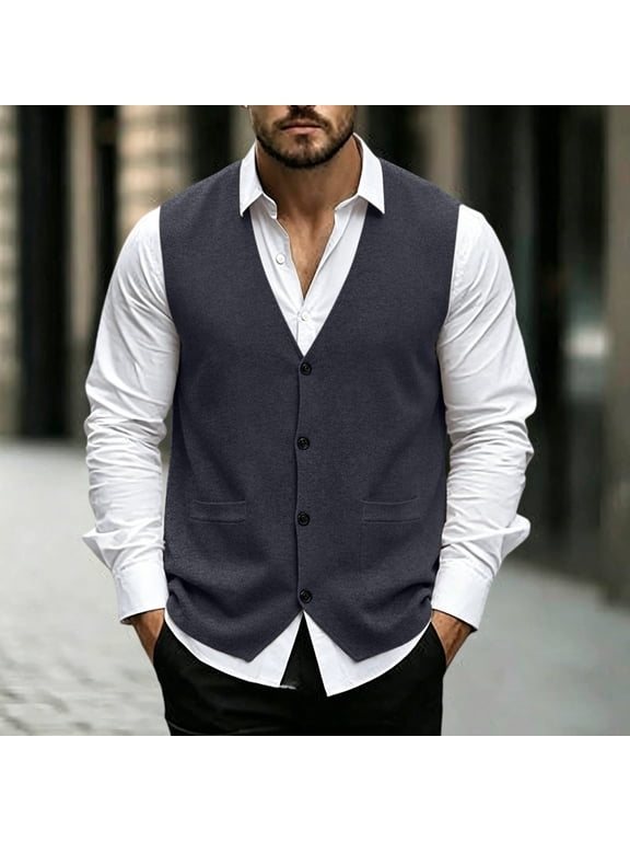Men's Sweater Vest, Polyester Acrylic Mixed Fabric V-Neck Button Front Sleeveless for Fall Winter Office Casual Wear