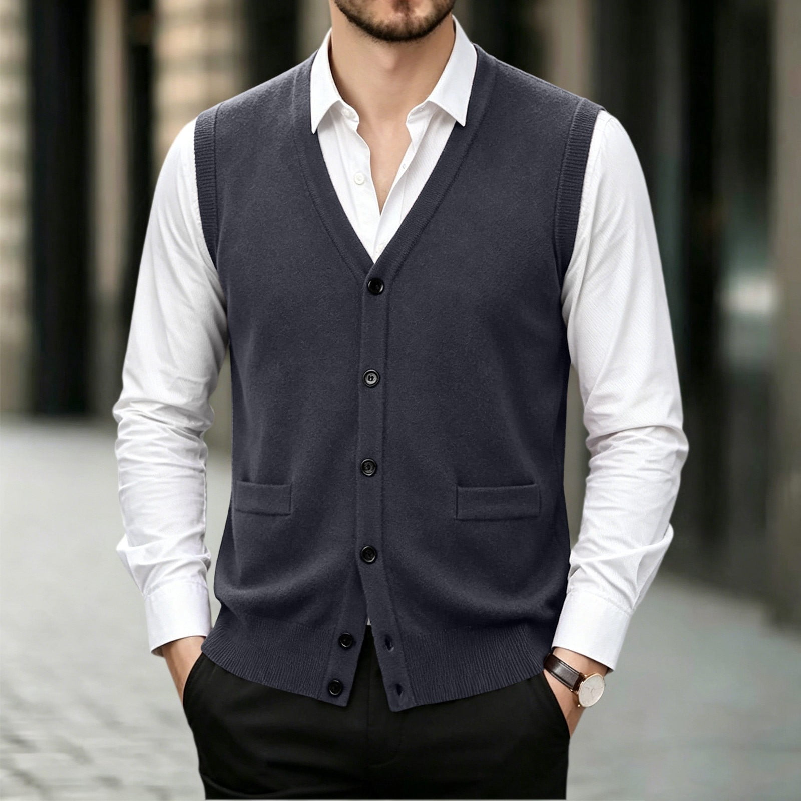 IUYRTFE Men's Sweater Vest, Polyester Wool Blend Regular Fit V Neck ...