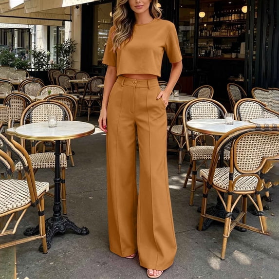IUYRTFE Women 2 Piece Short Sleeve Crop Top and High Waist Wide Leg Pants Set Casual Workwear Outfit