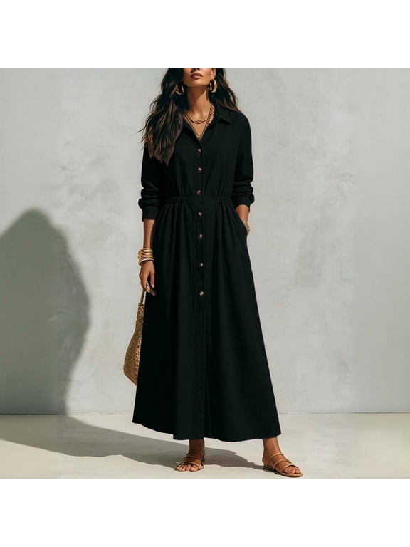 IUYRTFE Women Button Down Shirt Dress A Line Midi Dress with Pockets for Vacation Travel Daily Wear