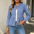 thumbnail image 1 of IUYRTFE Women Collarless Ruffle Hem Denim Jacket Button Down Slim Fit Casual Outerwear for Daily Wear, 1 of 9