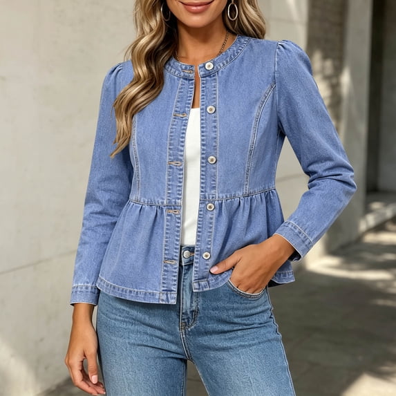 IUYRTFE Women Collarless Ruffle Hem Denim Jacket Button Down Slim Fit Casual Outerwear for Daily Wear