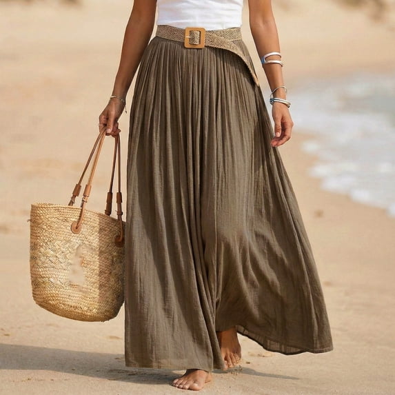 IUYRTFE Women Cotton Linen Pleated Maxi Skirt with Belt Elastic Waist Solid Color Long Beach Skirt