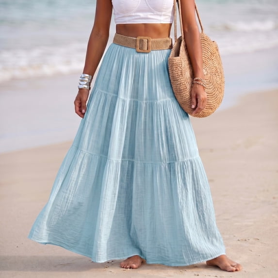IUYRTFE Women Cotton Linen Smocked Waist Maxi Skirt with Belt Solid Color Flowy Long Beach Skirt