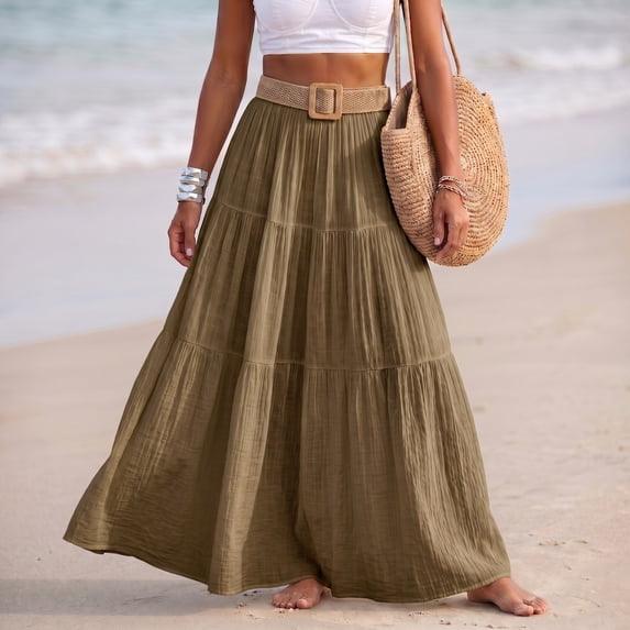 IUYRTFE Women Cotton Linen Smocked Waist Maxi Skirt with Belt Solid Color Flowy Long Beach Skirt