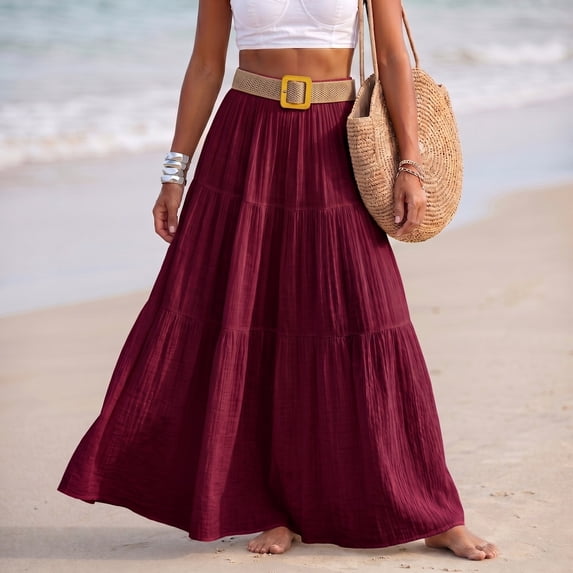 IUYRTFE Women Cotton Linen Smocked Waist Maxi Skirt with Belt Solid Color Flowy Long Beach Skirt