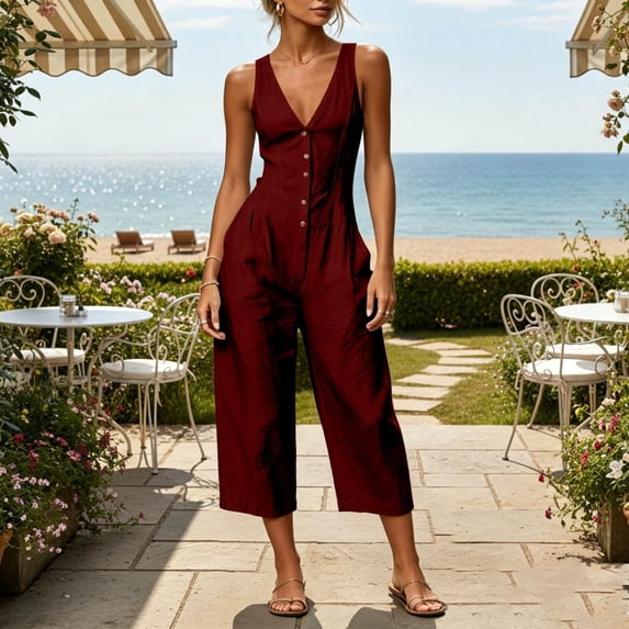 IUYRTFE Women Cotton Linen V Neck Button Down Jumpsuit Sleeveless Wide Leg Romper with Pockets