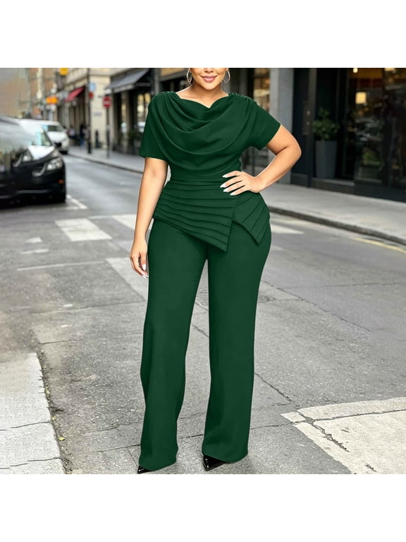 IUYRTFE Women Elegant Draped Cowl Neck 2 Piece Outfit Wide Leg Pants Set for Office Work Formal Events