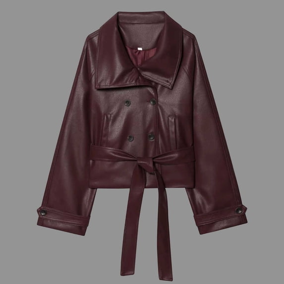 IUYRTFE Women Faux Leather Jacket Belted Lapel Collar Cropped Coat for Fall Winter Casual Daily Wear