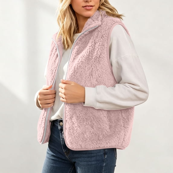 IUYRTFE Women Fluffy Fleece Vest Sleeveless Zip Up Outerwear for Fall Winter Casual Daily Wear