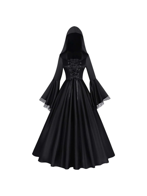 Women Gothic Hooded Long Sleeve Maxi Dress Mysterious Dark Style Hoodie Gown for Halloween Themed Parties
