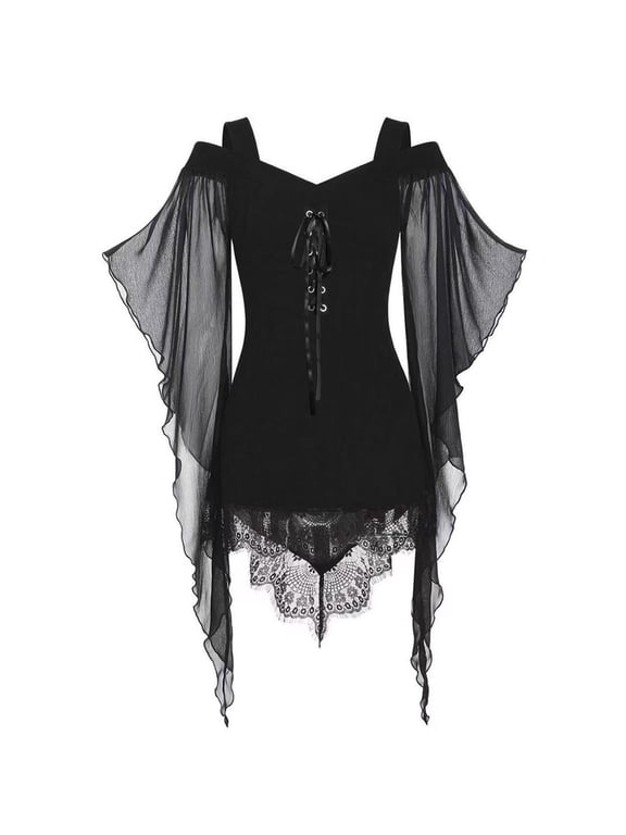 Women Gothic Irregular Hem Dress Lace Up Corset Batwing Sleeve Vintage Style Maxi Gown