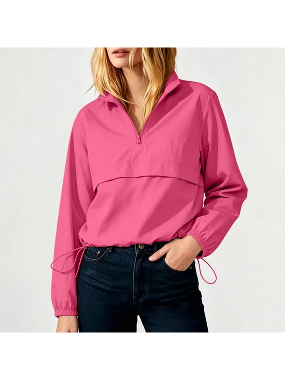 IUYRTFE Women Half Zip Pullover Windbreaker Jacket Long Sleeve Stand Collar Drawstring Hem Casual Top