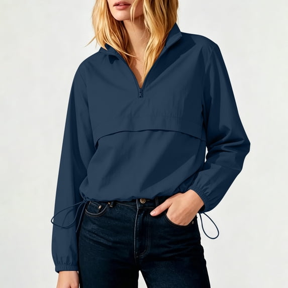 IUYRTFE Women Half Zip Pullover Windbreaker Jacket Long Sleeve Stand Collar Drawstring Hem Casual Top