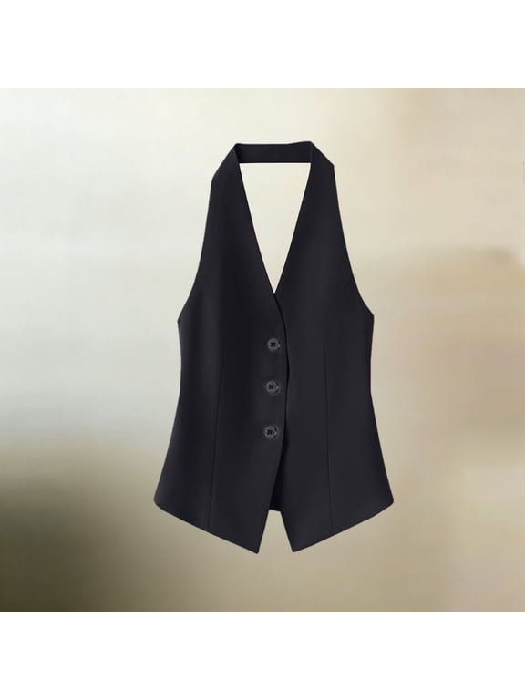 IUYRTFE Women Halter Neck Button Down Vest Top Sleeveless Workwear Blouse for Office Casual Daily Wear