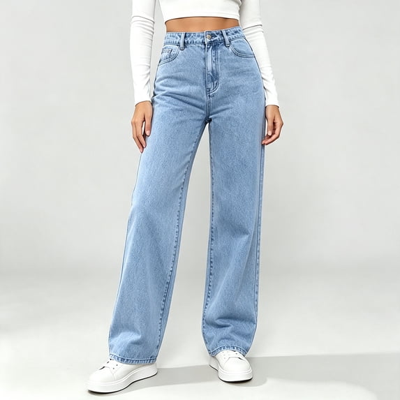 IUYRTFE Women High Waisted Wide Leg Denim Jeans Loose Fit Casual Straight Long Pants with Pockets for Daily Wear