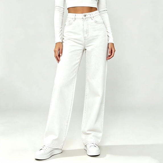 IUYRTFE Women High Waisted Wide Leg Denim Jeans Loose Fit Casual Straight Long Pants with Pockets for Daily Wear