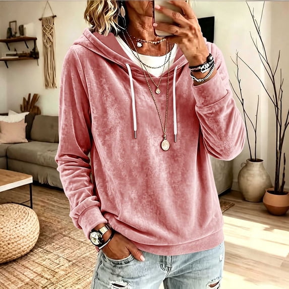 IUYRTFE Women Hooded Drawstring Velour Pullover Sweatshirt Long Sleeve Casual Top for Fall Winter Daily Wear