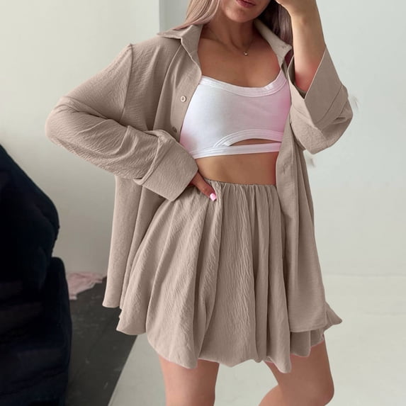 IUYRTFE Women Long Sleeve Button Down Top and High Waist Ruffle Shorts Set Casual 2 Piece Outfit
