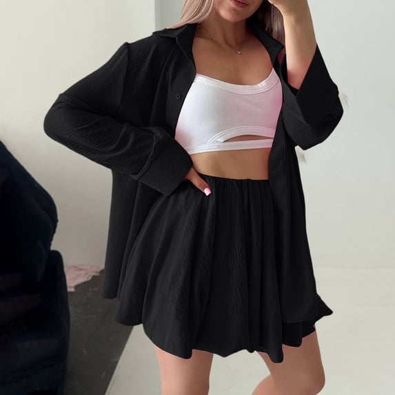 IUYRTFE Women Long Sleeve Button Down Top and High Waist Ruffle Shorts Set Casual 2 Piece Outfit