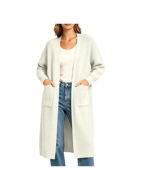 IUYRTFE Women Longline Open Front Cardigan Knit Coat Knee Length Outerwear with Pockets for Fall Winter Daily Wear