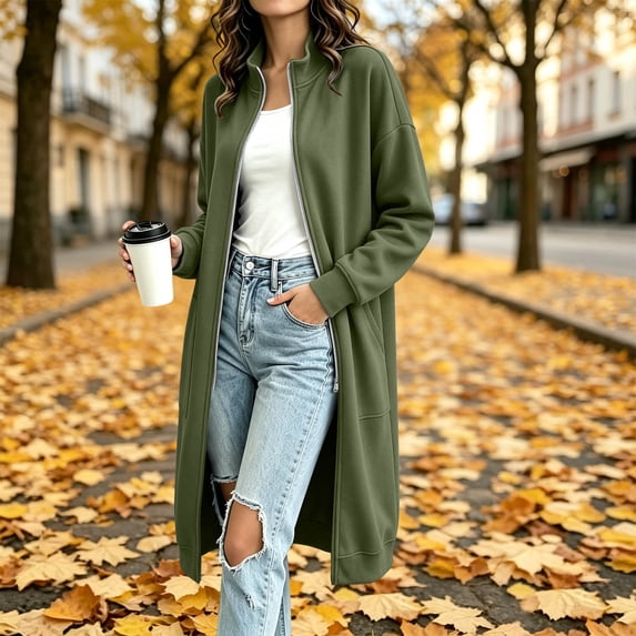 IUYRTFE Women Mid Length Zip Up Coat with Pockets for Winter Casual Daily Wear