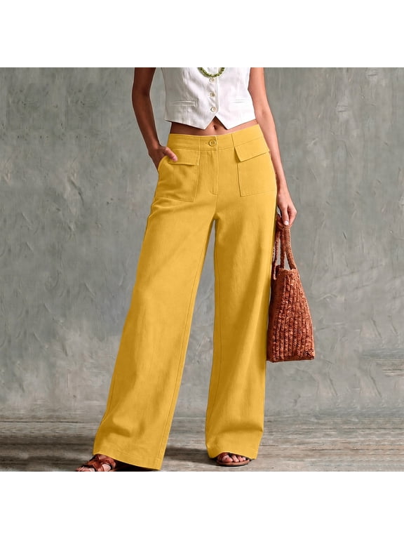 IUYRTFE Women Mid Rise Wide Leg Pants Button Zip Front Patch Pockets Relaxed Loose Long Trousers for Casual Daily Wear