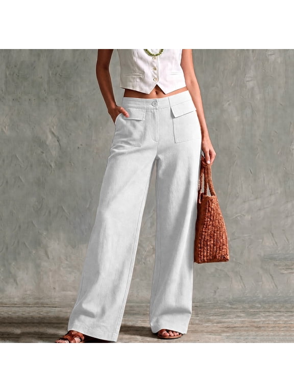 Women Mid Rise Wide Leg Pants Button Zip Front Patch Pockets Relaxed Loose Long Trousers for Casual Daily Wear