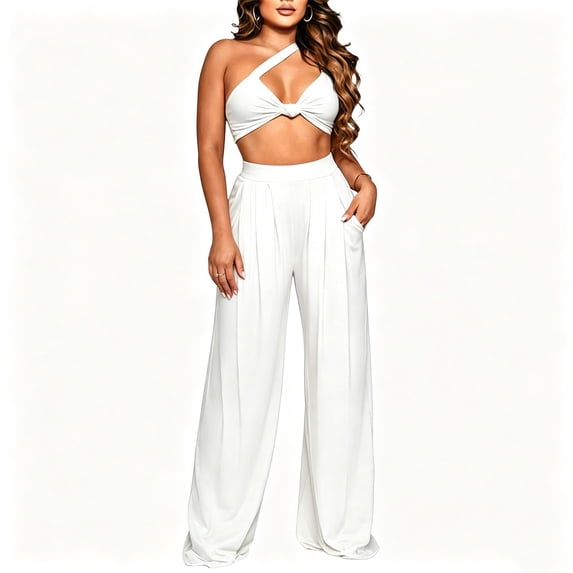 IUYRTFE Women One Shoulder Sleeveless Top and Wide Leg Pants Set Solid Color 2 Piece Outfit for Vacation Party